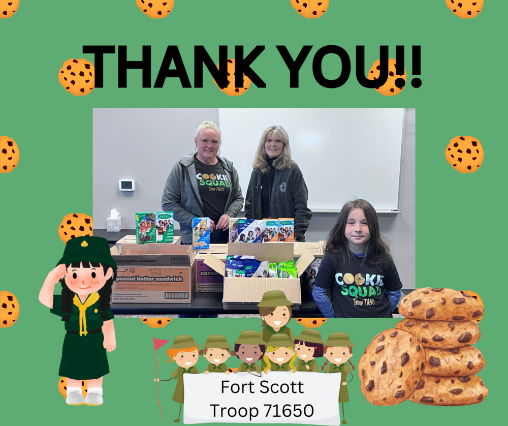 Picture of Girl Scout Troop 71650 leader and local unknown girl scout with Kim Schwab receiving 10 cases of girl scout cookies.